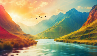 A Beautiful natural watercolor painting of a River, mountain trees, and birds with sunshine