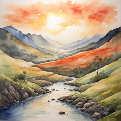 A Beautiful natural watercolor painting of a River, mountain trees, and birds with sunshine