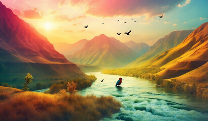 A Beautiful natural watercolor painting of a River, mountain trees, and birds with sunshine
