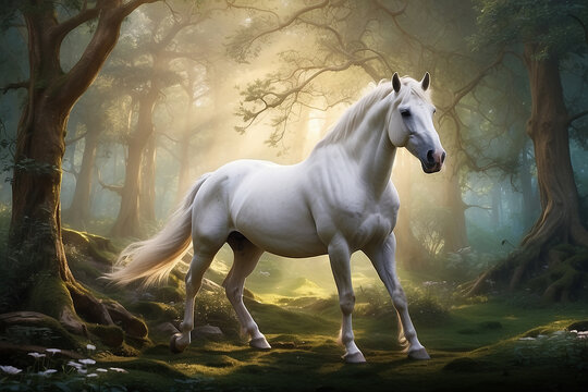 A white horse with a long mane standing in a forest ai picture