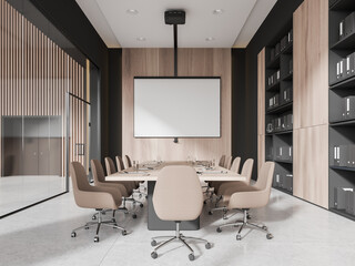 Wooden board room interior with projection screen