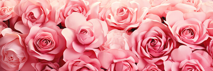 Wide banner of pink rose paper flowers with 3d effect. Wedding, spring Mothers Day background. St Valentines Day concept