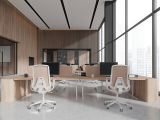 Stylish office interior with coworking and conference room, panoramic window