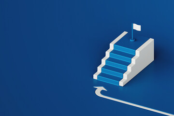 Blue step stair with white curved arrow on blue background, business way concept, minimal style, 3d rendering