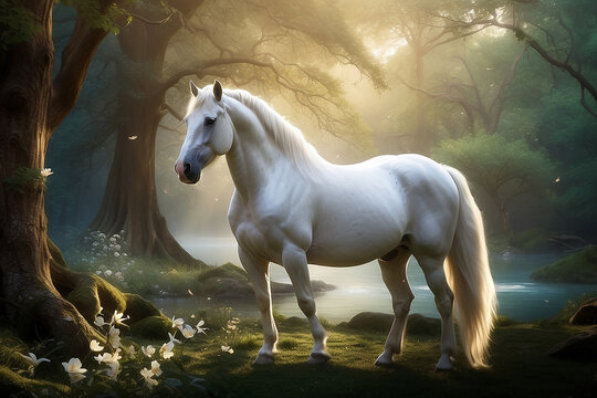 A white horse with a long mane standing in a forest ai picture