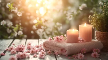 Foto op Canvas Roll up of towels with candles and flowers for massage spa treatment ,aroma ,healthy wellness relax calm and luxurious atmosphere associated with pampering and well-being healthy skin practices © CraftyImago