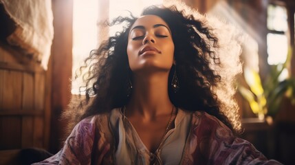 bohemian style meditation, woman with closed eyes in a peaceful state, adorned with headband and necklaces, in room with soft lighting and bokeh.