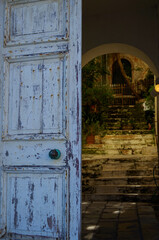 Romantic backstreet, side street or alleys in historic old town of Corfu Island, Greece with...