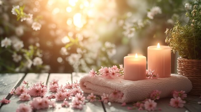 Roll up of towels with candles and flowers for massage spa treatment ,aroma ,healthy wellness relax calm and luxurious atmosphere associated with pampering and well-being healthy skin practices