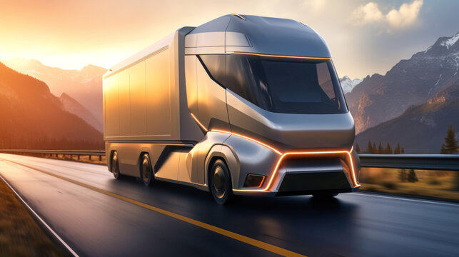 Electric cargo semi-trailer truck driving on the highway, transporting goods in the evening. Delivery and logistics concept for the future. Transportation of goods over long distances.