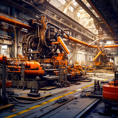 Large machine in large building with lots of pipes and machinery in it.