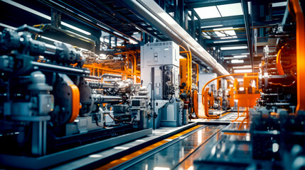 Factory filled with lots of machines and orange and white piping hoses. - obrazy, fototapety, plakaty