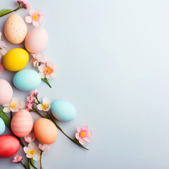 Fototapeta na wymiar Group of colorful painted Easter eggs with flowers on isolated background - ai generative