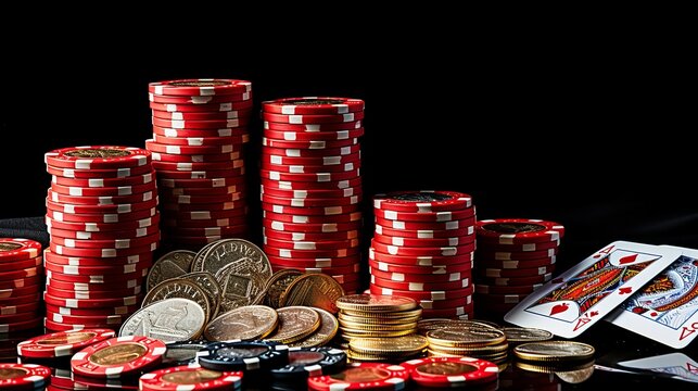 Stack of casino chips and deck of playing cards for gambling and entertainment