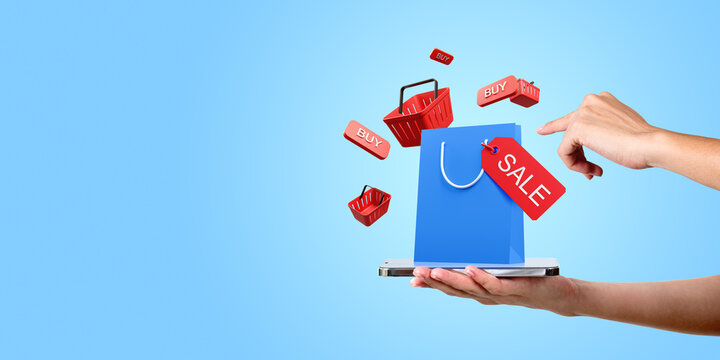 Woman hand with phone and large red shopping bag with backets, copy space
