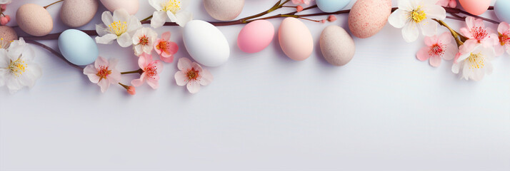 Naklejka na ściany i meble Group of colorful painted Easter eggs with flowers on isolated background - ai generative