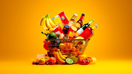 Basket filled with lots of different types of fruit and drinks on yellow background.