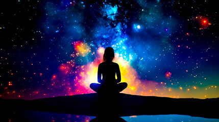 Fototapeta na wymiar Person sitting in lotus position in front of space filled with stars.