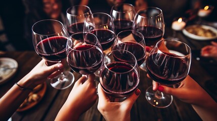 Above view of people celebrating and toasting with wine glasses at a vibrant party event - obrazy, fototapety, plakaty