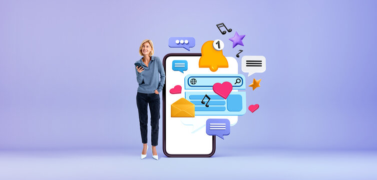 Smiling woman with smartphone mock up blank display, social media and connection