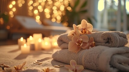 Roll up of towels with candles and flowers for massage spa treatment ,aroma ,healthy wellness relax calm and luxurious atmosphere associated with pampering and well-being healthy skin practices