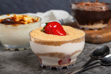 Magnolia, supangle (chocolate pudding) and rice pudding on dark background. Close up