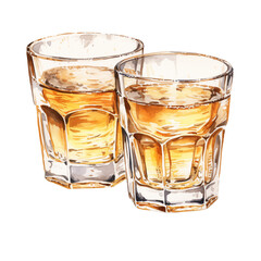 two tequila shot glasses watercolor illustration png isolated on a transparent background, bar alcoholic drinks clipart 