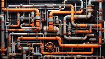 Industrial concept. Pipeline in a factory - valves, tubes, pressure gauges, thermometers. View from above. pipes, flow meter, water pumps and valves of the heating and gas supply system.