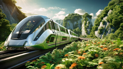 An impressive image of an urban magnetic levitation train, illustrating the future of efficient...