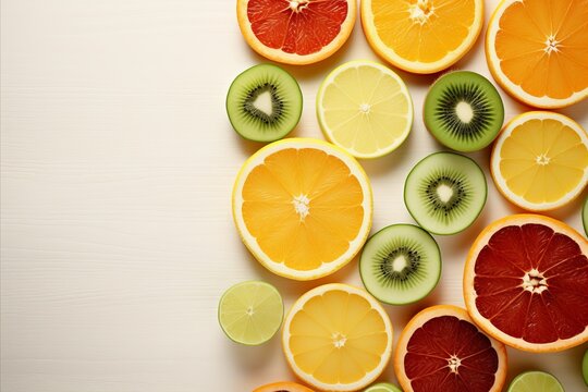 Assorted refreshing multifruits summer background ideal for healthy eating, top view