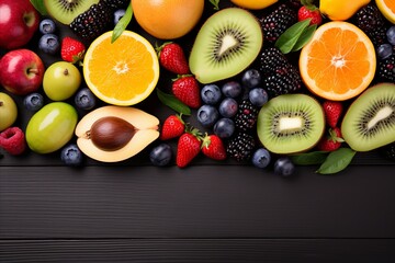 Vibrant multifruit summer background - healthy eating concept, top view of assorted fresh fruits - obrazy, fototapety, plakaty