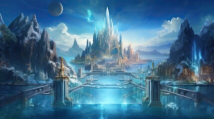 Illustration of the city of Atlantis with magnificent sky background. - obrazy, fototapety, plakaty
