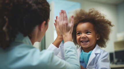 Happy Kid and doctor at clinic playing together - obrazy, fototapety, plakaty