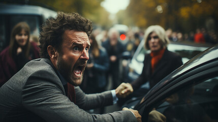 An angry man got out of a car during a traffic jam and shouted - obrazy, fototapety, plakaty