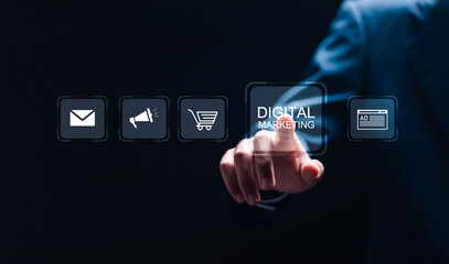 Businessman touching virtual digital marketing icon for digital marketing commerce online sale concept, website ad, email, social network, video, SEO and business strategy.