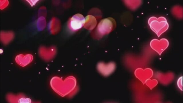 Dark Red Romantic Happy Valentines day animation background with flying hearts and sparkles
