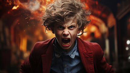 Angry irritated boy. Full of rage. Emotional portrait of an upset preteen boy screaming in anger. - obrazy, fototapety, plakaty