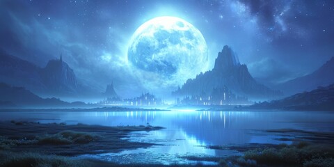 Fantasy landscape with full moon, mountains and lake.