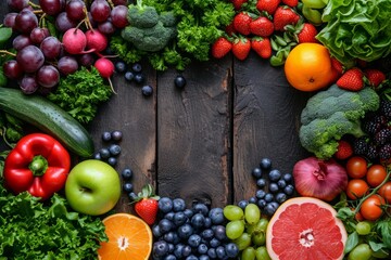 Fresh fruits and vegetables on dark wooden background. Healthy food concept. Top view.