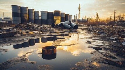 Chemically polluted site with barrels of toxic waste - obrazy, fototapety, plakaty