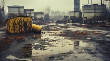 Chemically polluted site with barrels of toxic waste