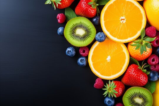 Vibrant multifruits summer background for refreshing and nutrient-rich healthy eating - top view