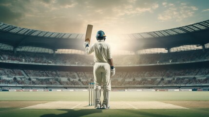 Cricket player on a professional stadium. - obrazy, fototapety, plakaty