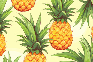 Bright and colorful illustration of pineapples with lush green leaves on a light yellow background.