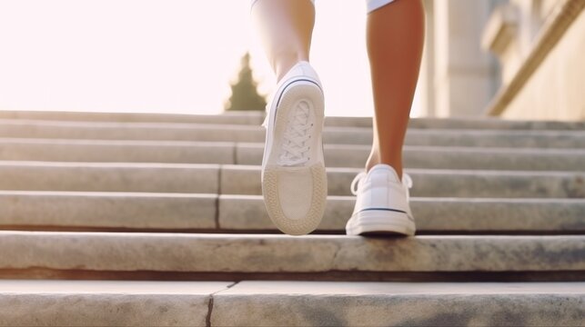 Detail of white casual sneakers, of a woman walking down steps,