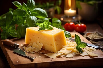 Traditional italian parmesan cheese being sliced with a knife on a rustic food background