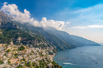Overview of Positano overlooking the Mediterranean Sea on the beautiful Amalfi Coast in Southern...