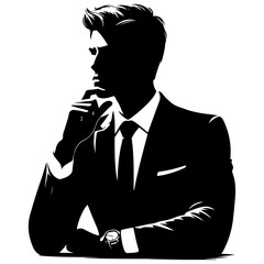 Man in suit thinking pose vector silhouette, black color silhouette, white background