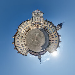 Naklejka premium little planet and spherical aerial 360 panorama view on street ancient medieval castle with church and historic buildings with columns