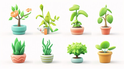 3D Vector Cartoon Icon Set Featuring Plant Shoots, Potted Houseplants, Trees, and Grass